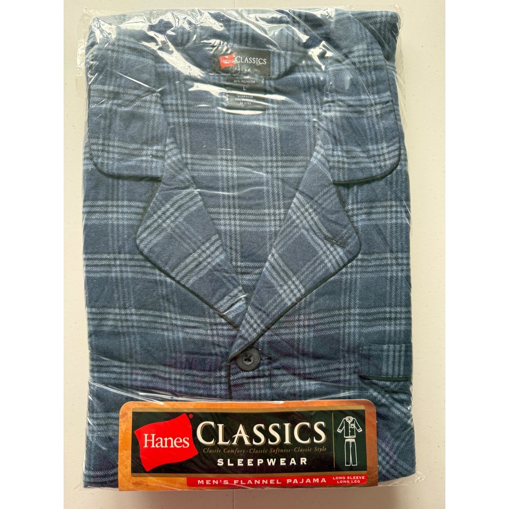 Vintage New Hanes Classics Men's Flannel Sleepwear Pajama Set Blue Plaid Large